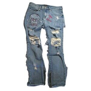 Upcycled Custom Denim Jeans 27 Distressed Chap Style Rear Cut Out Punk Grunge